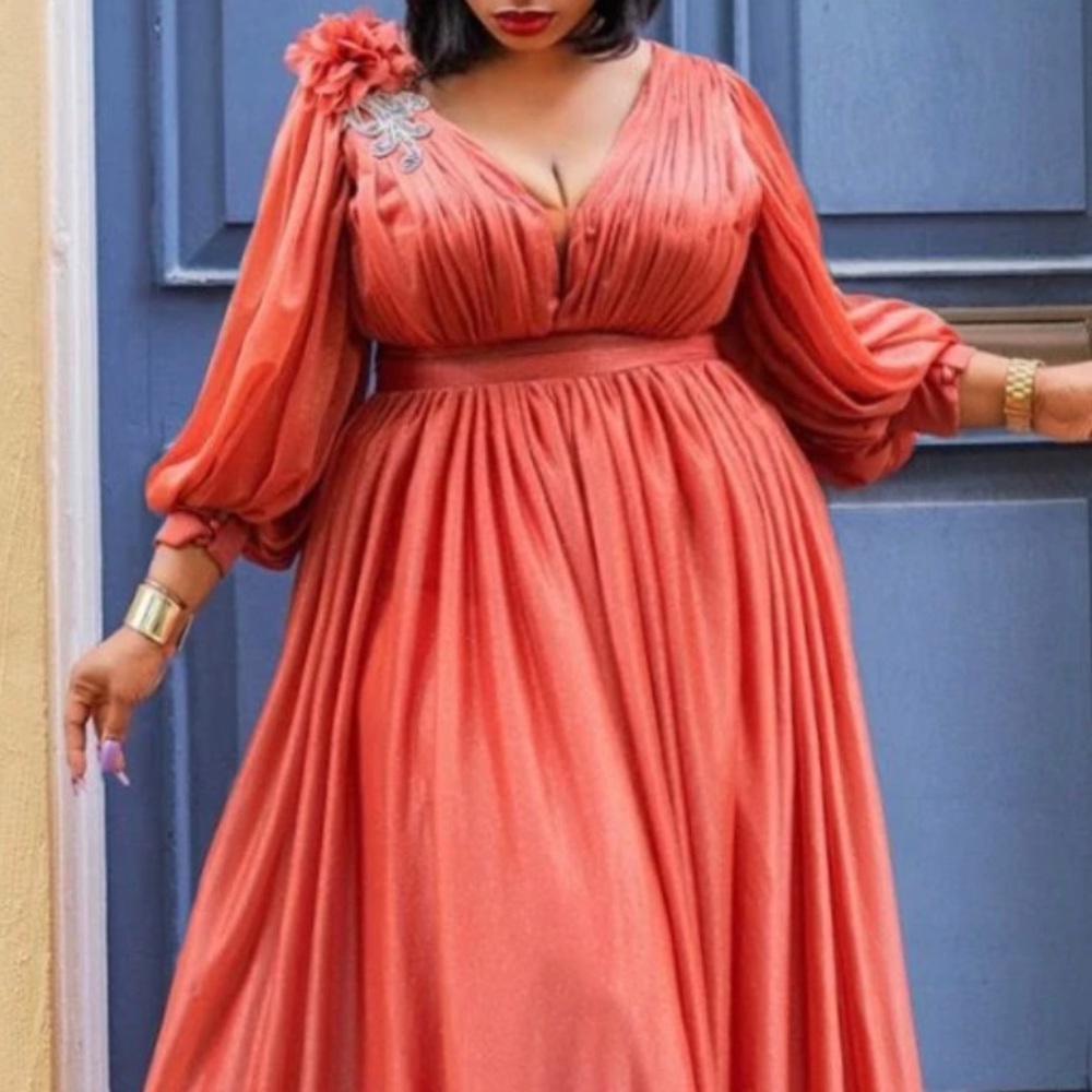 Plus Size Long Sleeve Lantern Sleeve Maxi Dress